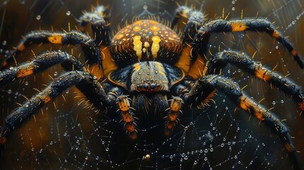 A detailed portrayal of a spider weaving its web, the silk strands and the spider's intricate patterns captured with exquisite clarity.