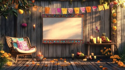 Wall Mural - Wooden fence mockup with papel picado sugar skulls and garlands