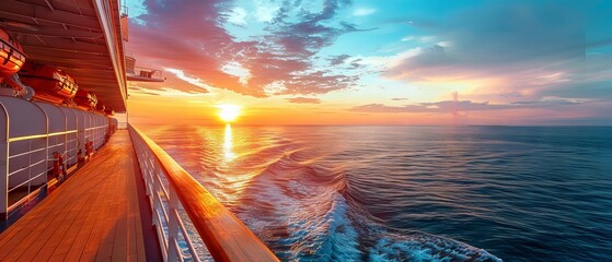 Wall Mural - majestic cruise ship gliding through a fiery sunset over calm ocean waters, creating a breathtaking 