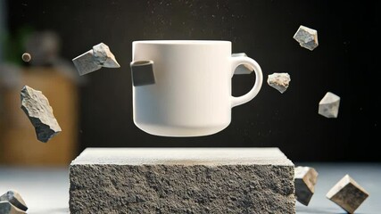 Poster - White coffee cup is suspended in midair above a pile of rocks. Concept of weightlessness and freedom, as if the cup is floating above the ground