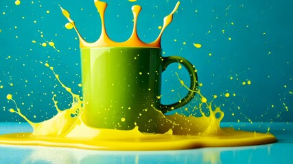 Poster - Green mug with a yellow splash of paint on it. The splash is in the shape of a wave
