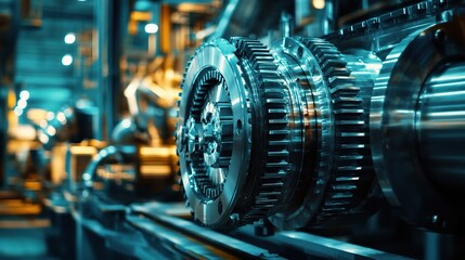 Poster - Industrial Machinery with Detailed Gears in Modern Factory Setting