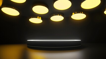 Wall Mural - dark room illuminated stage circular platform neon lights abstract background