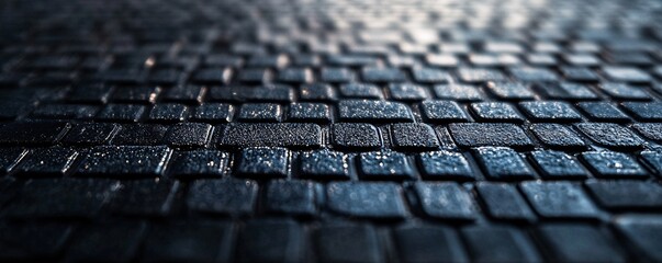 Poster - Wet cobblestone pavement reflecting city lights at night
