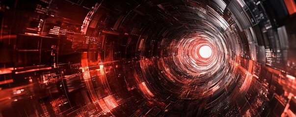 Fototapete - Swirling red digital tunnel effect transmitting data through cyberspace