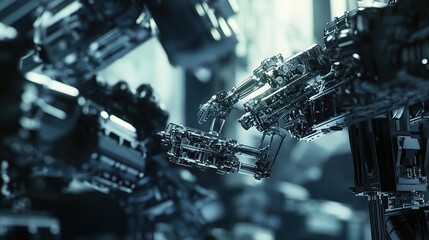 Poster - Close-Up of Robotic Arms Assembling Metal Parts in High-Tech Environment