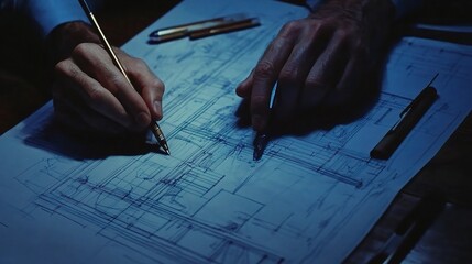 Poster - Close-Up of Architect Hands Sketching Detailed Blueprints