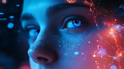 Aufkleber - Woman showing futuristic biometric facial recognition scanning technology