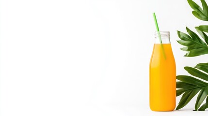 Wall Mural - A vibrant orange drink in a glass bottle with a straw and greenery.