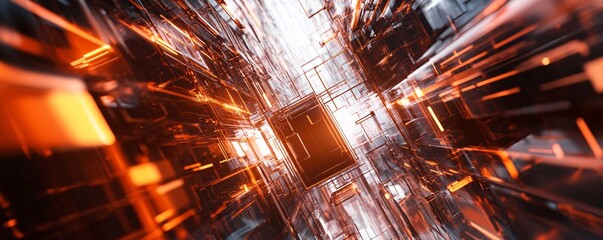 Poster - Abstract futuristic orange light streaking through glass tunnel structure