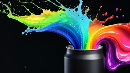 Poster - Can of paint is splattered with rainbow colors, creating a vibrant and dynamic scene. Concept of creativity and energy, as if the paint is bursting out of the can