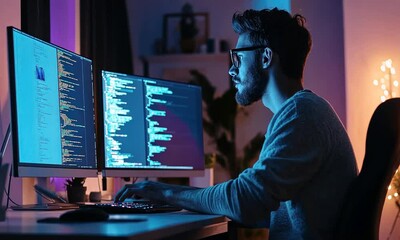 Poster - Focused Programmer Working Late Night on Software Development Project using Dual Monitors