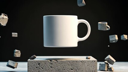 Poster - White coffee cup is suspended in midair above a pile of rubble. Concept of chaos and destruction, with the cup representing a moment of calm amidst the turmoil