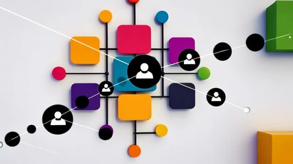 Poster - Colorful clock with a blue square in the middle. The clock has a black dot in the center of the blue square. The clock is surrounded by six other squares in different colors