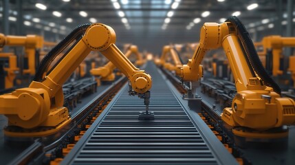 Poster - Large Industrial Factory Floor with Heavy Machinery and Robots