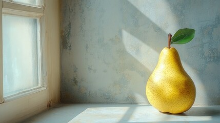 Poster - A pear on a windowsill with soft shadows.