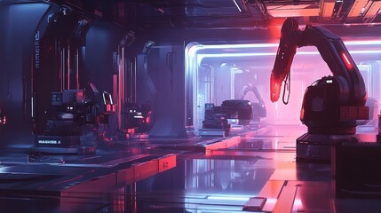 Poster - Futuristic Factory Interior with Automated Machines and Robotics