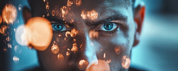 Poster - Businessman immersed in futuristic data stream: a portrait of digital innovation