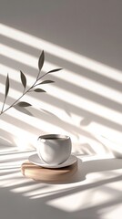 Wall Mural - A Delicate Cup of Morning Coffee, Minimalist Style, Sunlight and Shadow, Simple and Calm Aesthetic, Peaceful Morning, Elegant Design