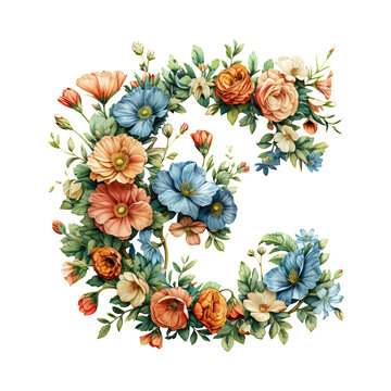 Alphabet letter E made of colorful flowers Floral font isolated on transparent background