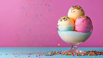 Poster - Bowl of ice cream with three different flavors and colorful sprinkles. The bowl is placed on a pink background