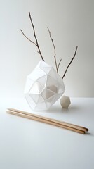 Wall Mural - Geometric Abstract Structure in Minimalist Style.  Modern Design with Transparent Polyhedron and Branches.  Clean Lines and Simple Composition.  Elegant Display Piece.