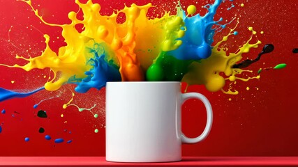 Poster - White coffee cup with colorful paint splatters on it. The cup is placed on a red surface, and the splatters of paint give the impression of a creative and artistic scene