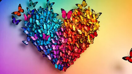 Wall Mural - Colorful heart with many butterflies flying around it. The butterflies are in different colors and sizes, and they are scattered all over the heart. Concept of freedom and joy