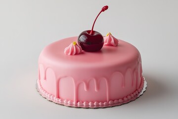 Poster - round pink cake with cherry on top resting on clean white background for minimalist effect