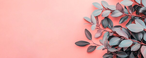 Wall Mural - Eucalyptus leaves creating a border on a pastel pink background