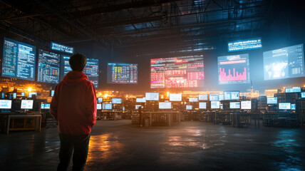 Poster - person observing data screens in modern control room, illuminated by digital displays