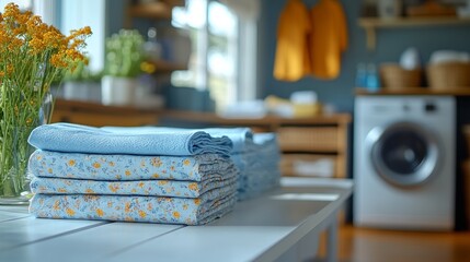 Laundry Day Bliss: A stack of freshly laundered and folded towels, with a floral pattern, sits on a white table in a bright, modern laundry room.