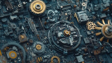 Poster - Complex electronic circuit board with gears and components forming intricate pattern
