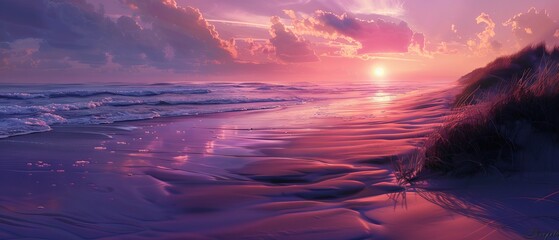 Wall Mural - dramatic golden sunset spreading across expansive dune beach with gentle waves and a serene shorelin