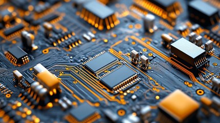 Poster - Electronic circuit board showing microchips and components communicating