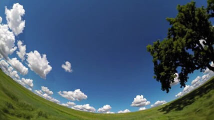 Poster - Majestic solitary tree stands in lush green field under bright blue sky with fluffy clouds