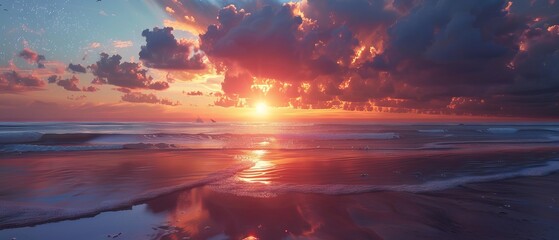 Wall Mural - dramatic golden sunset spreading across expansive dune beach with gentle waves and a serene shorelin