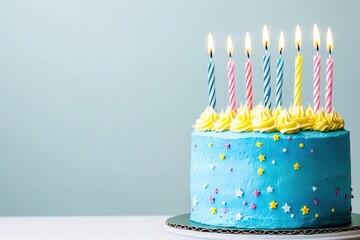 Colorful Birthday Cake with Candles and Decorative Stars on Blue Background