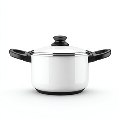 Glossy white cooking pot with black handles and lid on a white isolated background.