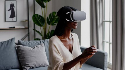 Poster - Engaging in virtual reality exploration while seated on a cozy sofa in a modern living room