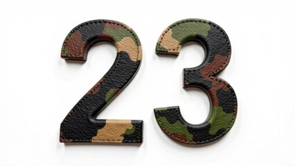 Wall Mural - Camouflaged, voluminous, leather numbers 23 on a white background. A men's holiday, Defender's Day.