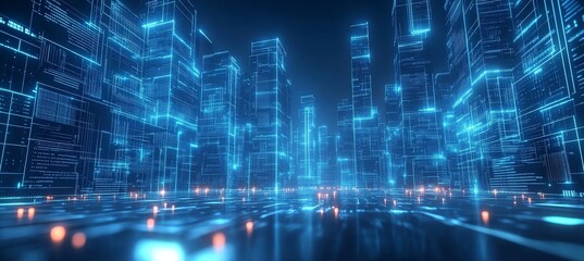 Poster - Virtual digital city building. Cyberspace metaverse world. Generative AI technology.