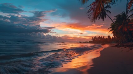 Wall Mural - sunset over serene hawaii beach with golden sands, turquoise waters, and palm trees in the backgroun