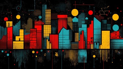 Poster - Colorful Abstract City Skyline with Geometric Shapes and Vivid Patterns Representing Urban Landscape and Modern Architecture in Vibrant Tones