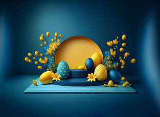 Poster - Elegant Easter display.  Blue and yellow painted eggs, spring blossoms, and a circular stage create a festive, minimalist scene.  Perfect for spring celebrations.