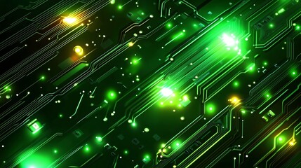 Fototapete - Futuristic circuit board pulsating with green energy flows