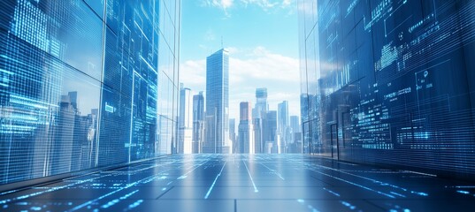 Aufkleber - Virtual digital city building skyscraper. Cyberspace metaverse world. Generative AI technology.