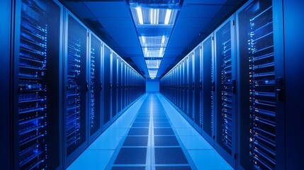 Poster - Server room corridor with data processing equipment blinking in blue light