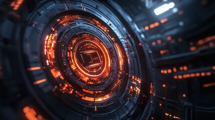 Fototapete - Futuristic glowing orange circular technology emitting light and data