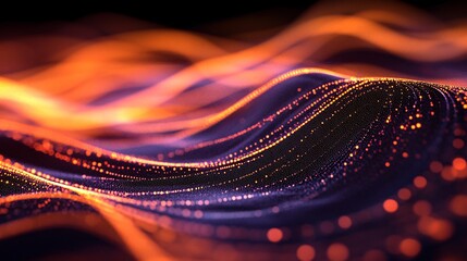 Poster - Abstract particles forming orange and purple wavy lines on dark background